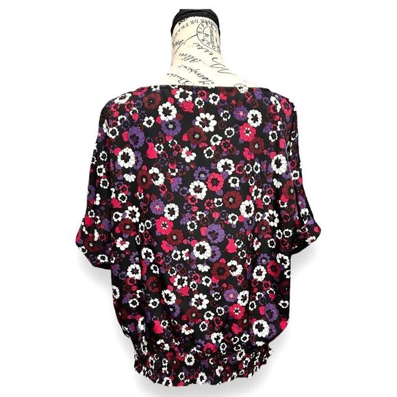 Michael Kors L Azalea Floral Black Blouse Roll Tab Sleeve Gold Button Retro Boho - Picture 5 of 11